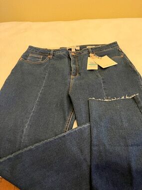 Anne Klein Dark Blue Straight Leg Jeans with Frayed Hem